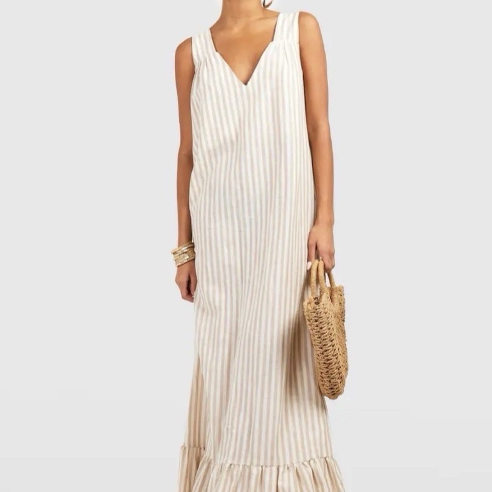 Boohoo Plus Cream and Beige Striped V-Neck Maxi Dress